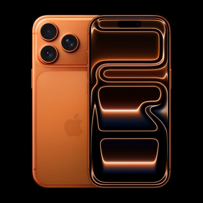 iPhone 17 Pro Max i Cosmic Orange vist forfra og bakfra