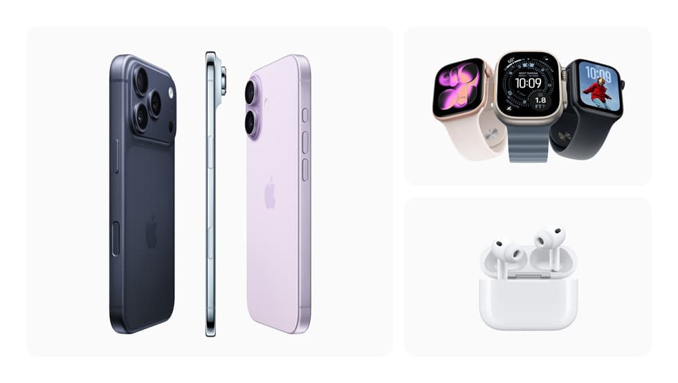 iPhone, Apple Watch og AirPods Pro vist sammen i Apples produktlinje