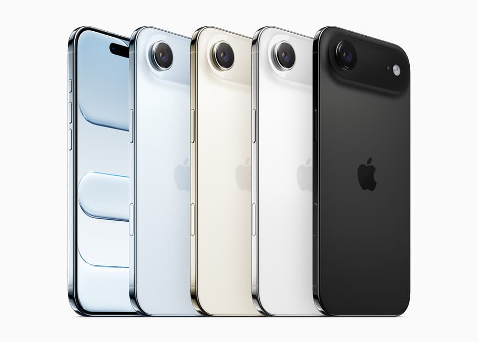 iPhone Air i flere farger, vist forfra med skjerm og bakfra med Apple-logo