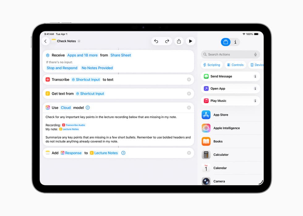 En iPad viser en Snarveier-automasjon som bruker Apple Intelligence-handlinger og en sprakmodell til a behandle notater