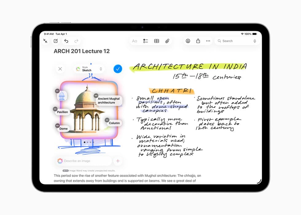 En iPad viser et skjermbilde av Bildemagi med notater og skisser til en undervisning i arkitektur, mens brukeren holder Apple Pencil for å tegne en sirkel rundt en bygning.