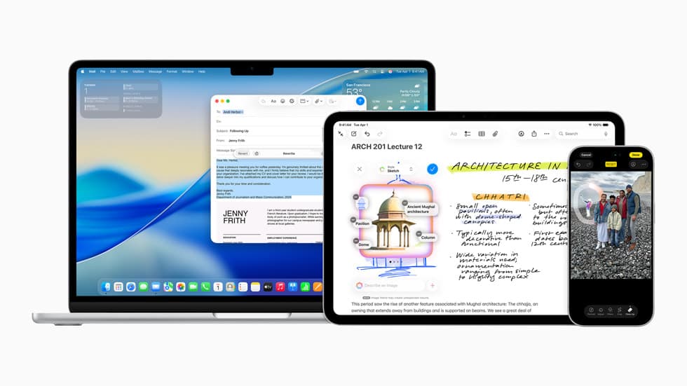 En MacBook, iPad og iPhone viser ulike skjermbilder av Apple Intelligence med Skriveverktøy, Bildemagi og Visk ut.