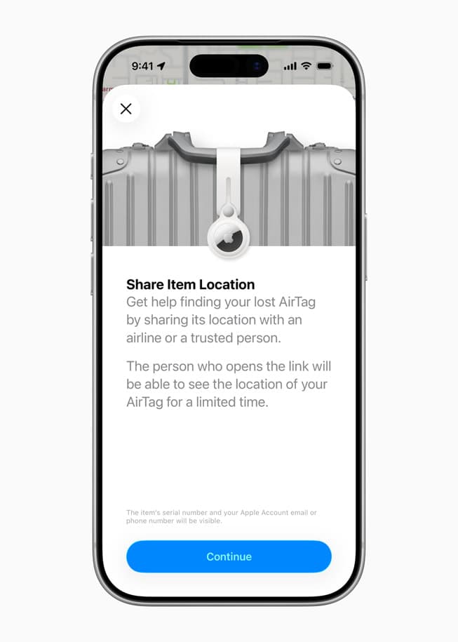 iPhone viser Hvor er?-funksjonen «Del gjenstandsplassering» for en mistet AirTag festet til en koffert