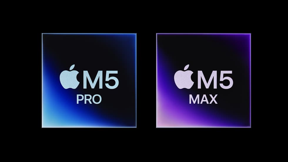 Apple M5 Pro- og M5 Max-brikkene side om side mot svart bakgrunn
