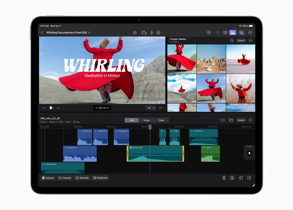 M4 iPad Air som kjører Final Cut Pro med et videoredigeringsprosjekt på skjermen