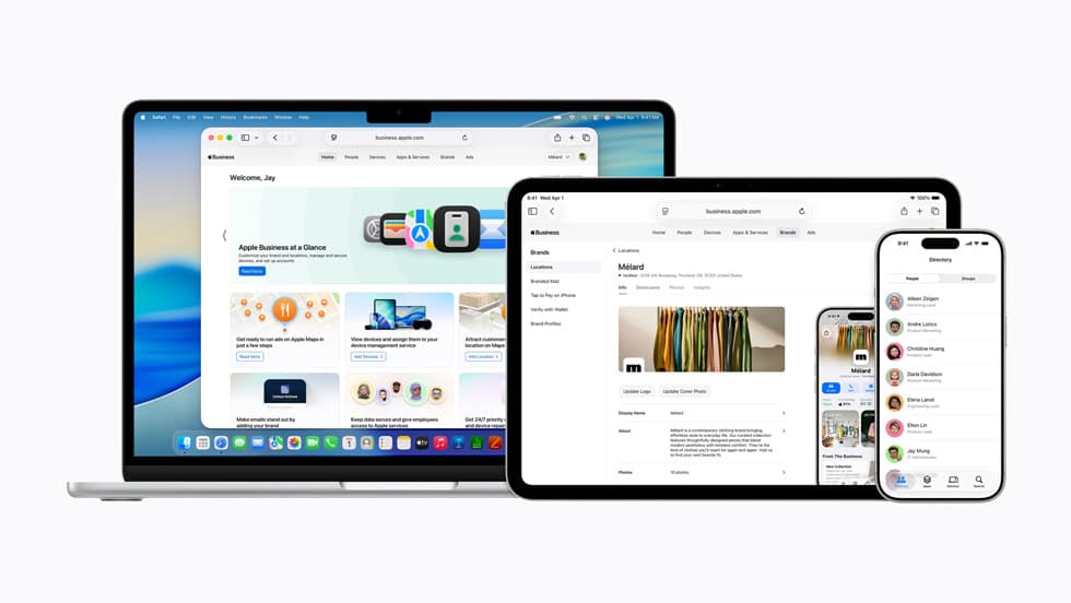 MacBook, iPad og iPhone som viser Apple Business-plattformen for administrasjon av enheter og tjenester i bedrifter