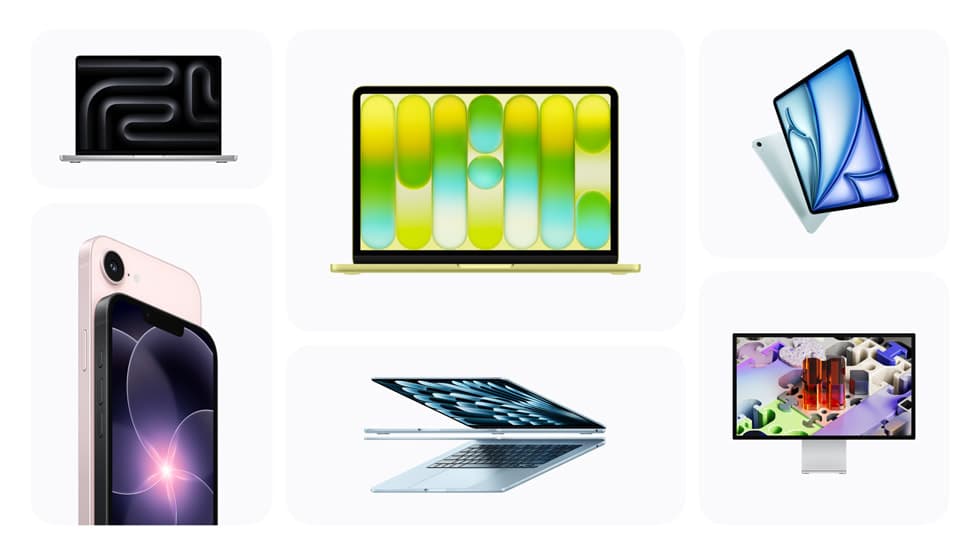 Fra øverst til venstre og med klokken vises Apples nye produkter: MacBook Pro, MacBook Neo, iPad Air, Studio Display XDR, MacBook Air og iPhone 17e.