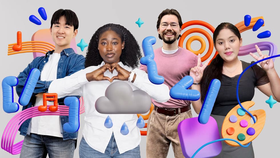 En fargerik kollasj med Swift Student Challenge-vinnere for 2026, Yoonjae Joung, Karen-Happuch Peprah Henneh, Anton Baranov og Gayatri Goundadkar.