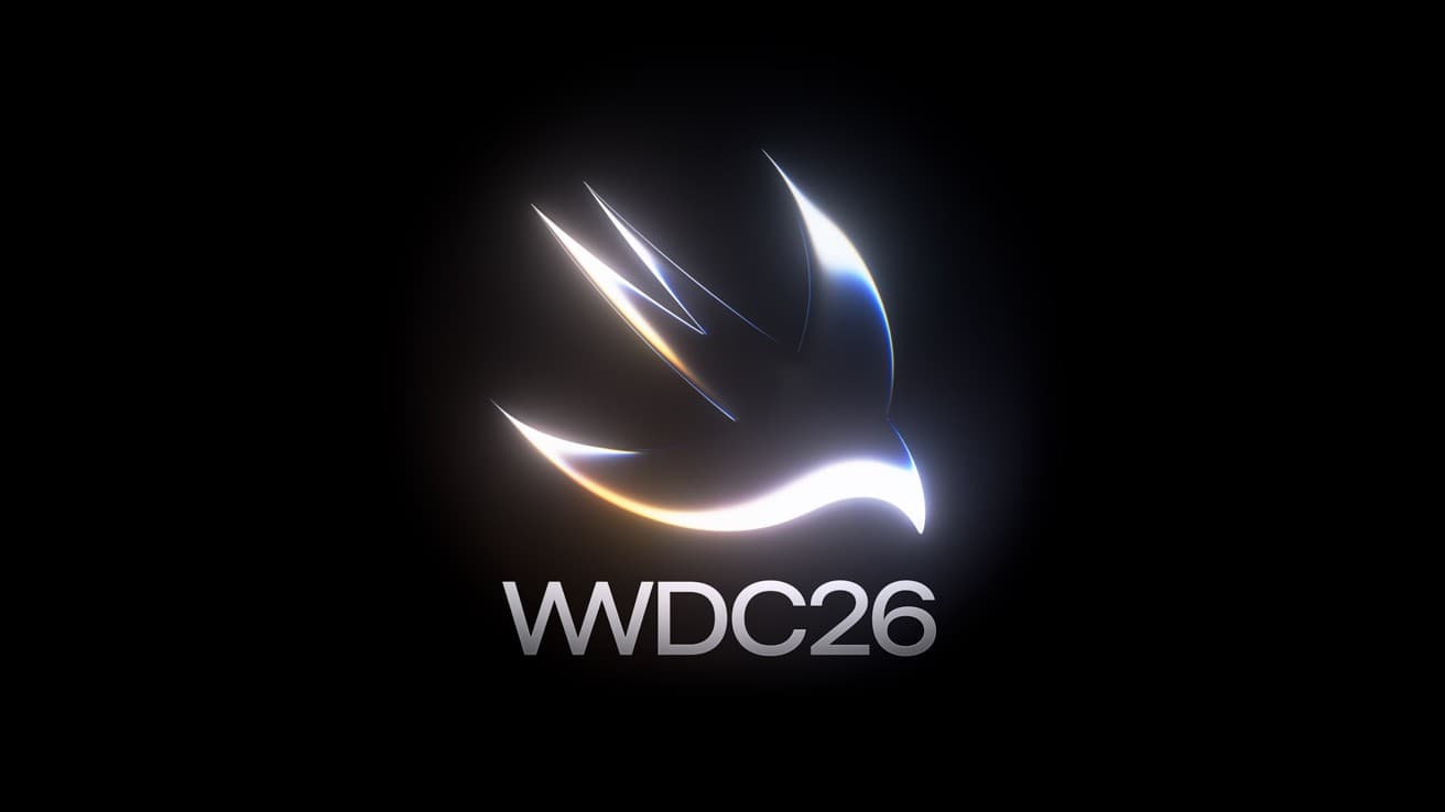 Offisielt WWDC26-arrangementsmerke fra Apple med den blanke Swift-fuglen og teksten «WWDC26» mot svart bakgrunn
