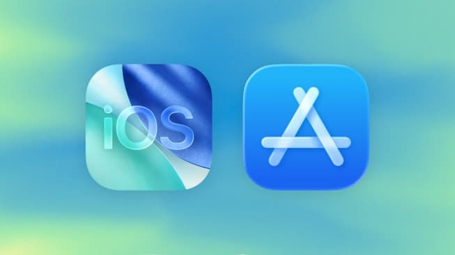 Liquid Glass-logoen for iOS 26 og App Store-logoen vises side om side.