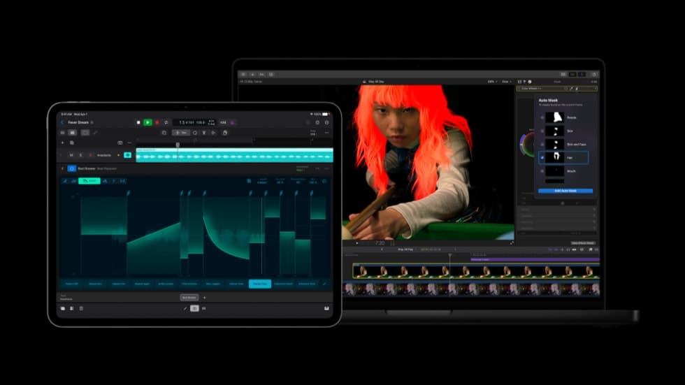 På en iPad Pro vises verktøyet Beat Breaker i Logic Pro, og på en MacBook Pro viser verktøyet Auto Mask i Final Cut Pro.