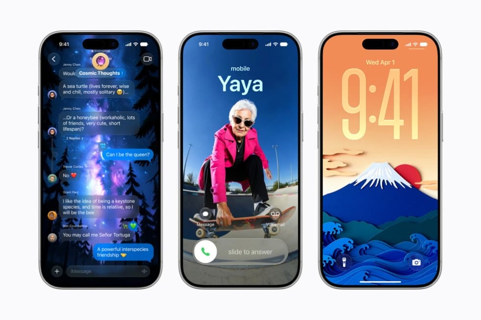 Tre iPhone 17 side om side – den venstre viser en aktiv iMessage-samtale i Meldinger-appen