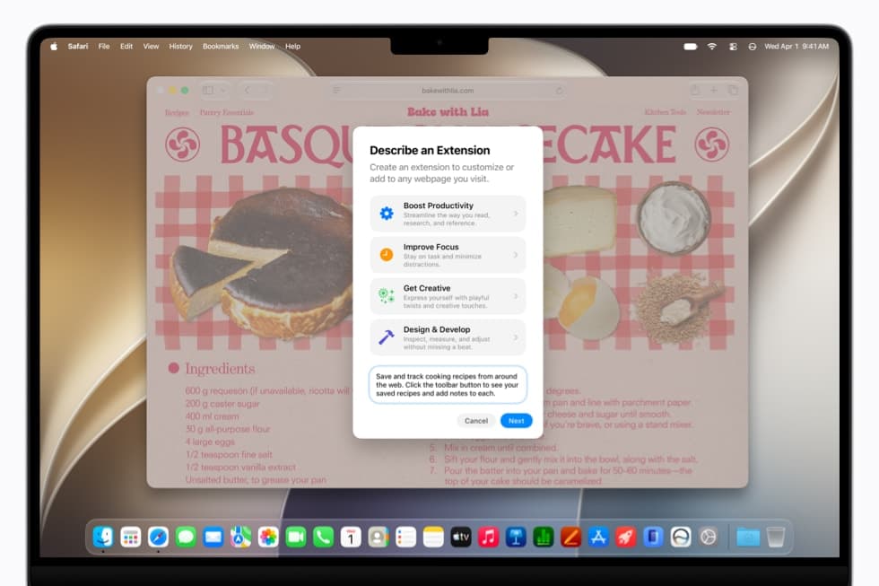 Safari paa Mac viser et Apple Intelligence-panel som lager en egendefinert nettleserutvidelse