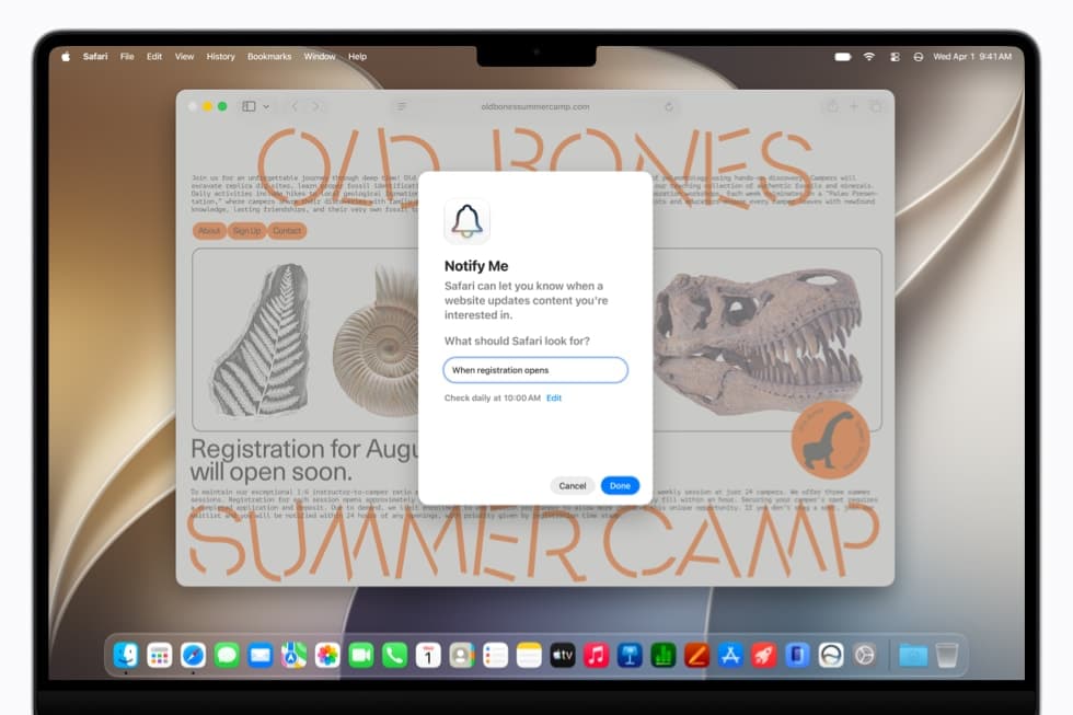 MacBook viser Safari i macOS 27 med oppsett-vinduet for Notify Me, der brukeren skriver inn hva Safari skal varsle om.