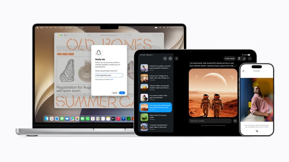 En Apple Vision Pro-enhet, en 14-tommers MacBook Pro, en 11-tommers iPad Pro og en iPhone 17 Pro viser forskjellige brukergrensesnitt for Apple Intelligence.
