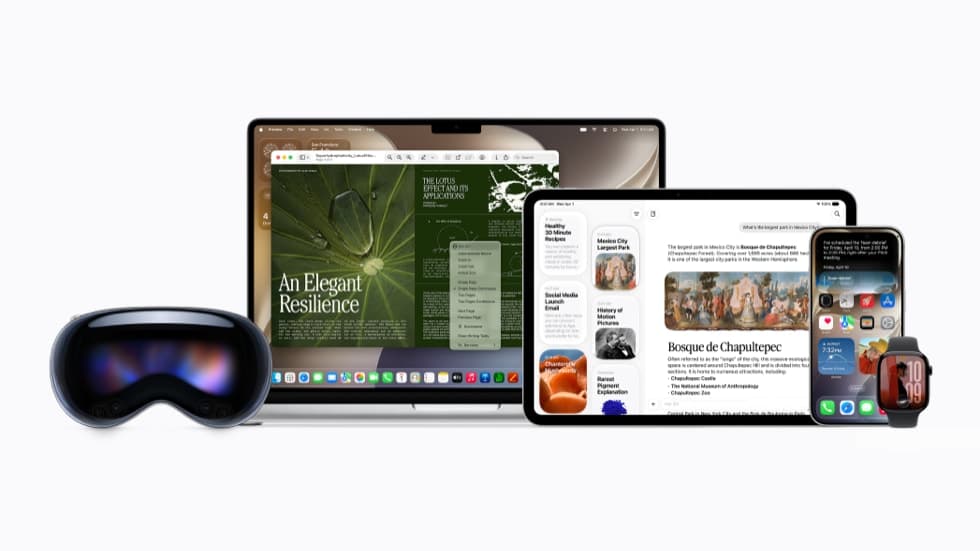 En rekke Apple-produkter, blant annet Apple Vision Pro, MacBook, iPad, iPhone 17 Pro og Apple Watch, som alle viser forskjellige grensesnitt.