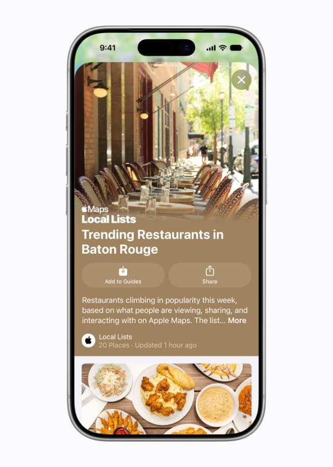 Skjermen på en iPhone 17 Pro viser lokale lister over populære restauranter i Baton Rouge.