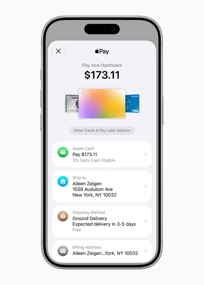 iPhone viser Apple Pay-betalingsvinduet med flere kort og valg av betalingsmetode.