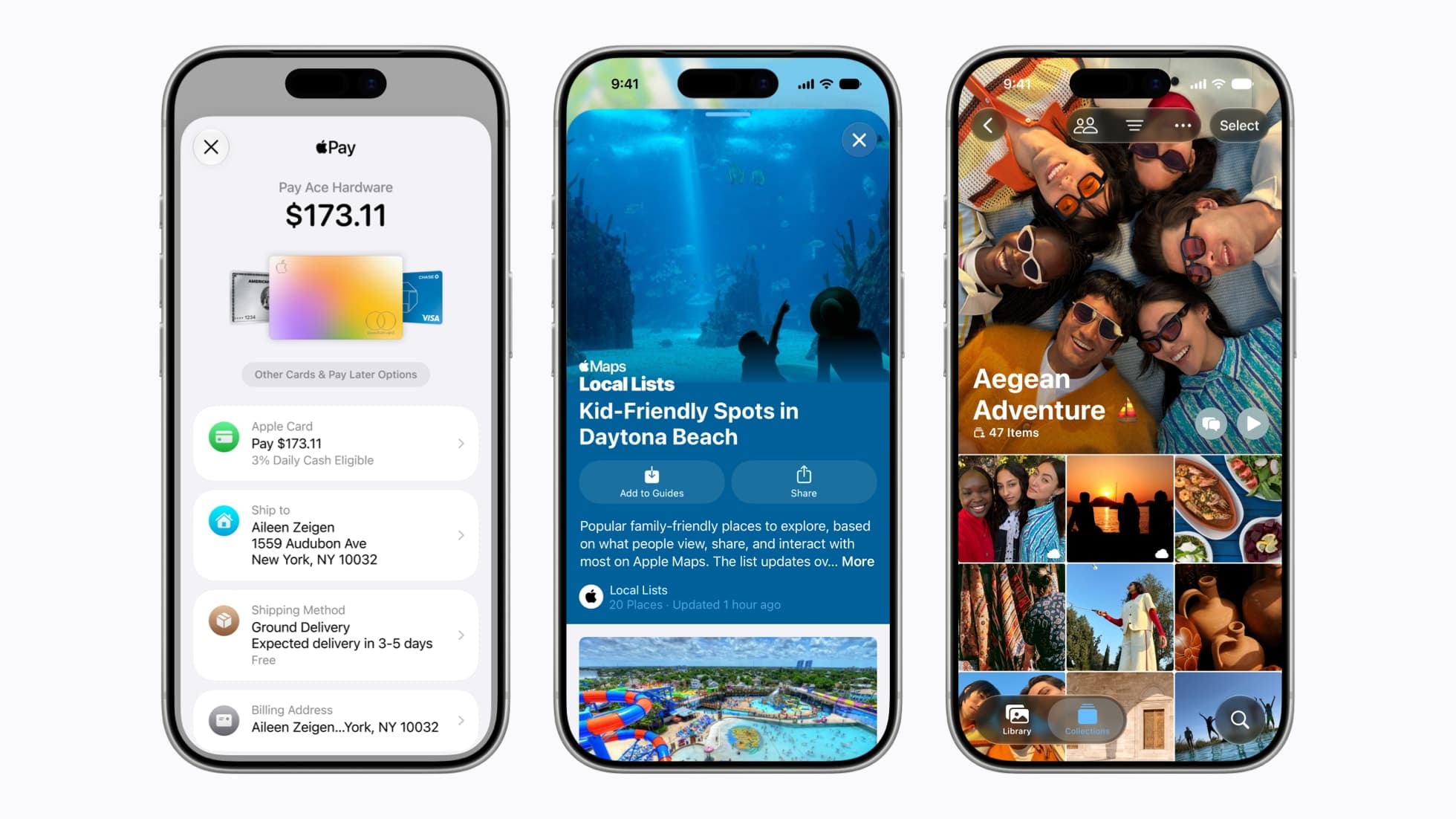 Tre iPhone-er side om side viser Apple-tjenester: Apple Pay med en betaling på 173,11 dollar via Apple Card, Apple Maps og Bilder.