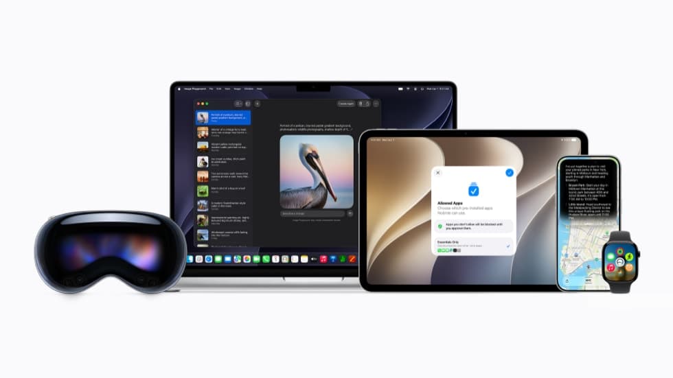 Apple Vision Pro, MacBook, iPad, iPhone, Apple Watch og Apple TV vises på bildet.
