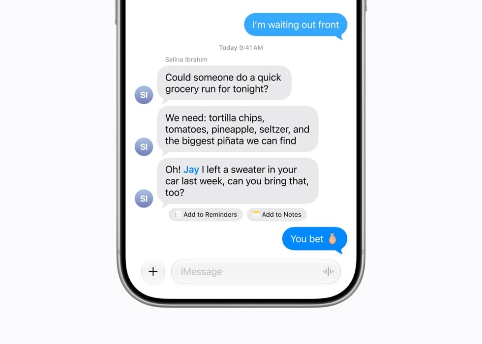 iPhone med iOS 27 viser proaktive forslag i Meldinger, med knappene «Add to Reminders» og «Add to Notes» og emoji i meldingsboblen