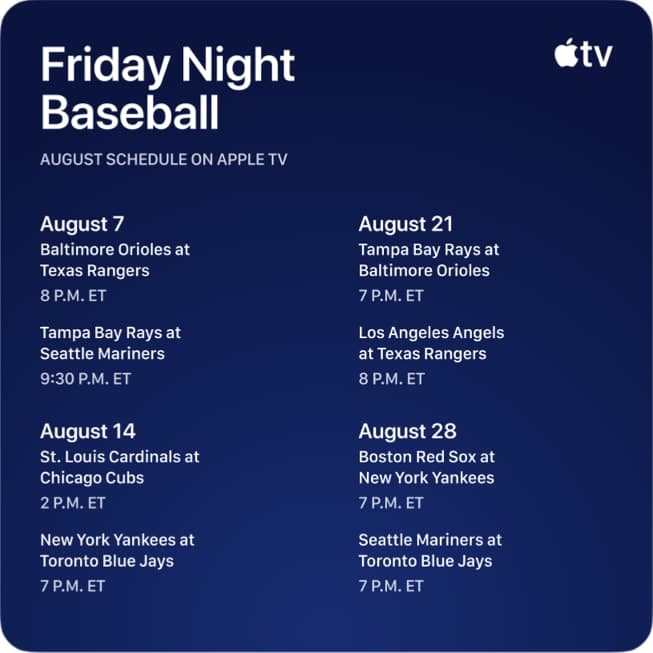 Et diagram viser august 2026-sendeplanen for «Friday Night Baseball» på Apple TV, med kamper 7., 14., 21. og 28. august.