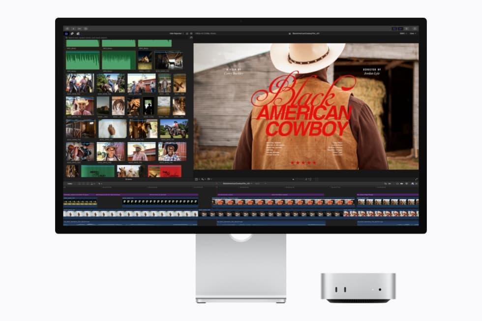 En Mac mini med M6 viser Final Cut Pro på skjermen.