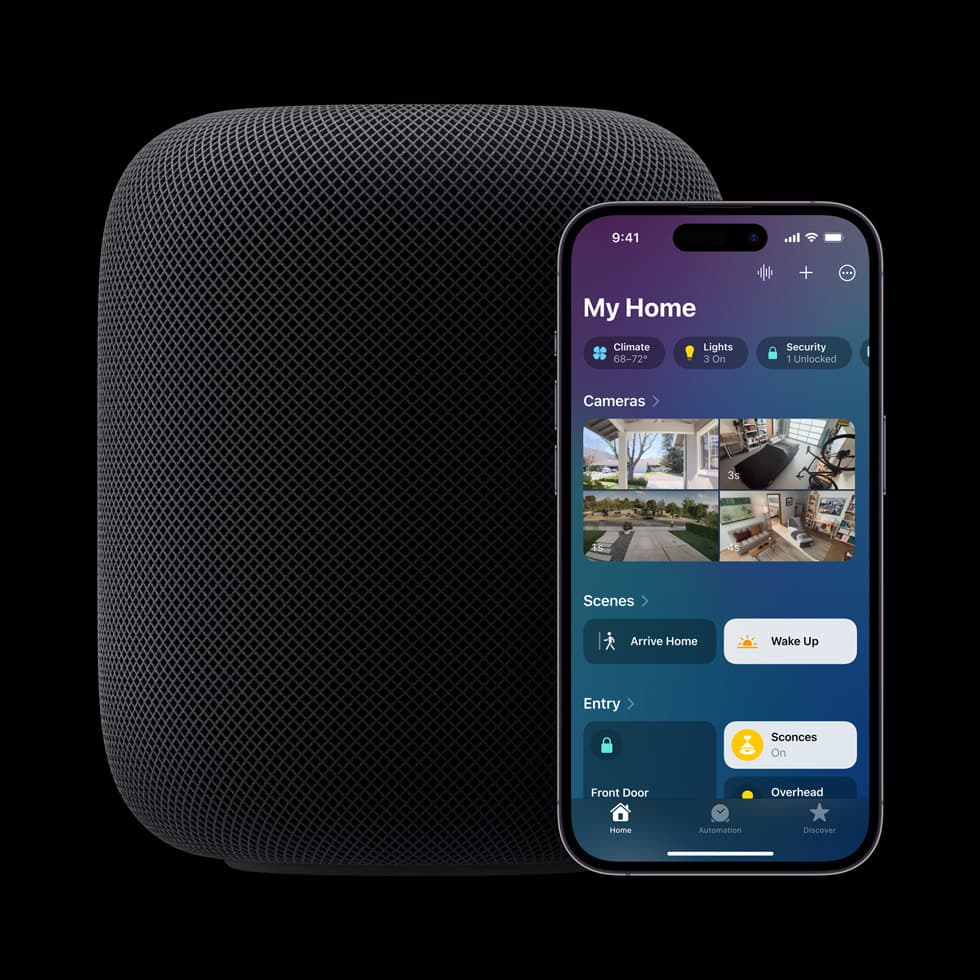 iPhone vises ved siden av HomePod (andre generasjon).